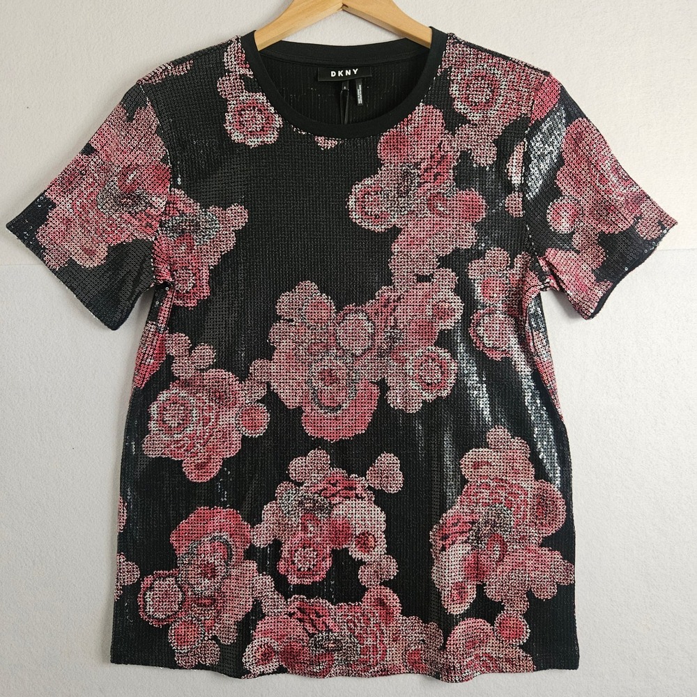 DKNY Womens Floral Sequin T-Shirt Black Pink Red Short Sleeve Top Party Small